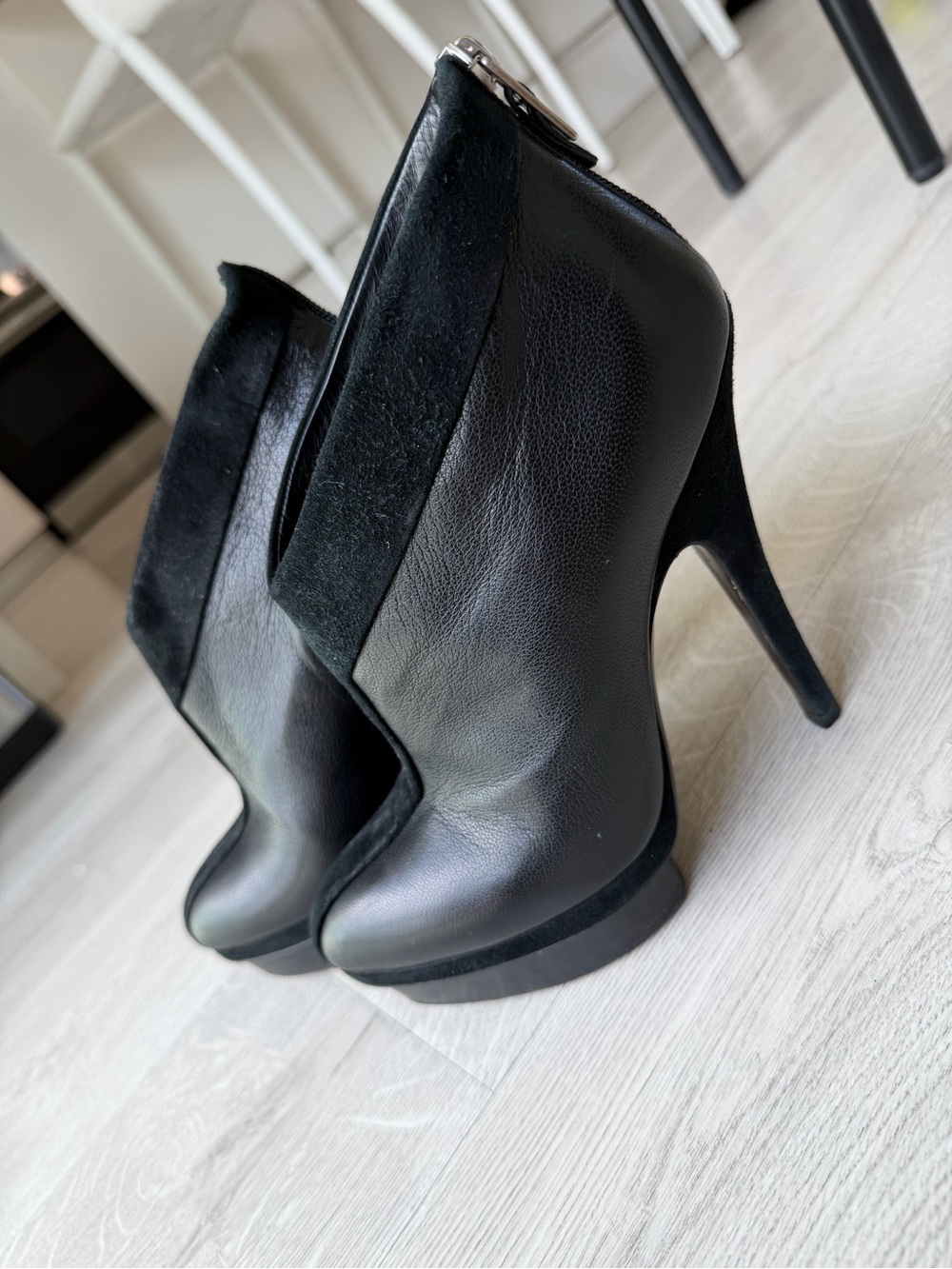 Yves Saint Laurent Black Leather and Suede Stiletto Ankle Boots